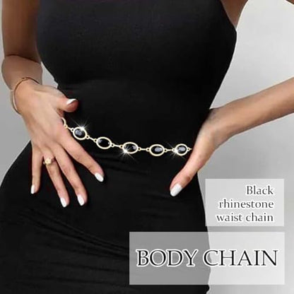 Red Rhinestone waist chain for Women Western Belt Golden Jewelry Chain - color: Black