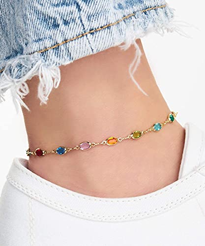Barzel 18K Gold Plated Gold and Multi Color Crystal Baguette Anklet - color: Multicolor Dark Oval