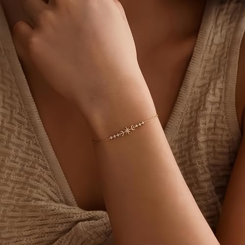 18K Gold Plated Star and Moon Bracelet for Women, Dainty Cubic Zirconia Celestial Adjustable Bracelet, Minimalist Everyday Jewelry Gift for Her