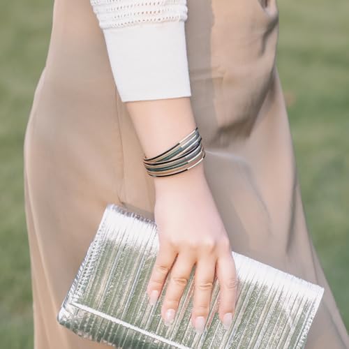 Gold Tube Leather Wrap Bracelets Boho Chunky Stackable Layered Western Cuff | Stacked Bohemian Cool Magnetic Clasp Bangles Statement Cowgirl Hippie Country Festival Accessories for Women Trendy - color: Green
