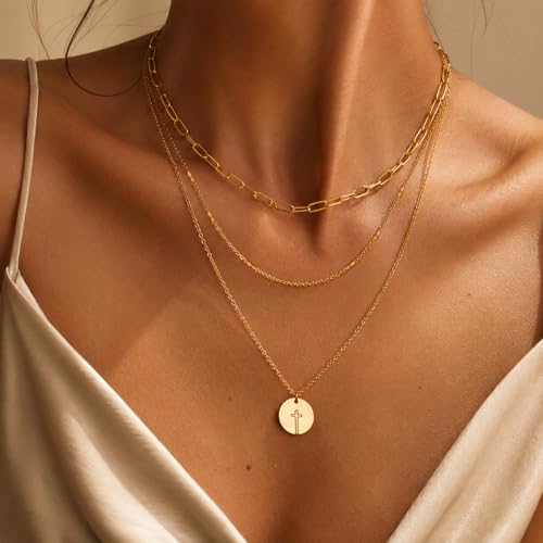 Glowave 14K Gold Plated Layered Stack Chunky Coin Cross Necklace for Women