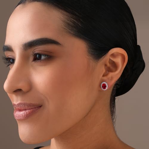 LeCalla 925 Sterling Silver Cubic Zirconia Stud Earrings for Women | Classic CZ Silver Earrings Jewelry | Birthday Anniversary Valentine’s Day Gift for Her, Wife, Mom - color: Oval Halo CZ Ruby