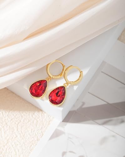 Crystals Teardrop Dangle Drop Earrings, 18K Gold Plated Hoop Earrings Zirconia Jewelry for Women Gifts - color: Red