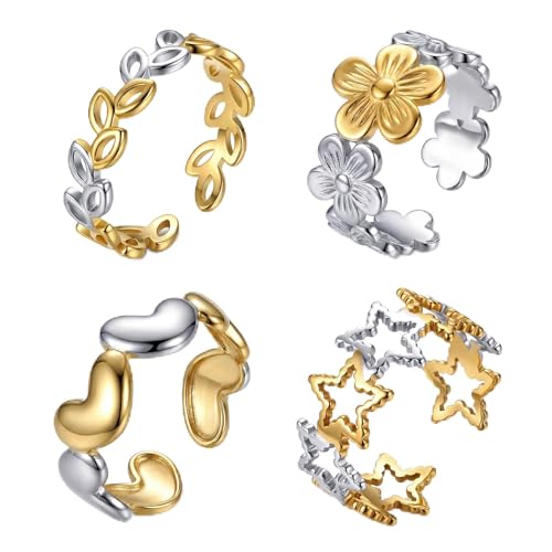 SAVORI Two-Tone Stainless Steel Open Ring Set for Women, 4 Styles (Leaf, Flower, Heart, Star), Hypoallergenic Adjustable Stackable Jewelry Gifts