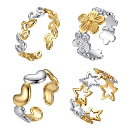 SAVORI Two-Tone Stainless Steel Open Ring Set for Women, 4 Styles (Leaf, Flower, Heart, Star), Hypoallergenic Adjustable Stackable Jewelry Gifts