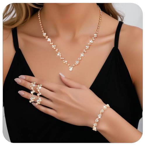 Telooco Jewelry for Prom,Silver Necklace for Women Prom, Rhinestone Crystal Necklace Bracelet Earrings Set, Silver Accessories for Women Jewelry for Wedding Party