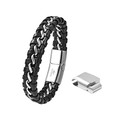 Men's Braided Genuine Leather Wristband Cuff Bracelet - color: Silver