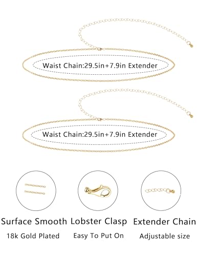 2Pcs Waist Chain 18K Gold Plated Belly Chain Coin Sequin Satellite Beaded Snake Box Chain Layered Body Chain Sexy Bikini Summer Beach Body Jewelry Accessories for Women Adjustable - style: box chain