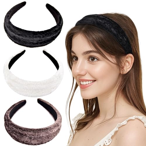 3Pcs Plush Wide Brim Headbands, Velvet Padded Headband, Women's Solid Color Hair Band, Soft Fuzzy Hair Hoop, Fashion Hair Accessories for Girls (3Pcs Style A, One Size) - color: Style A