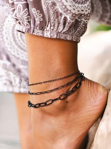 PROSTEEL Ankle Bracelets for Women, Silver/Gold/Black, Waterproof Anklets | Waterproof, Stainless Steel, Summer Beach Jewelry, Durable & No Tarnish, Come with Gift Box, 8-10.5" Adjustable, Plus Size - color: L: black-paperclip chain(3pcs)
