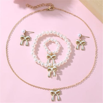 MALOYANVE 4PCS Bow Necklace Earrings Bracelet Ring Set for Women Elegant Bowknot - Adorned Pearl Jewelry Silk Ribbon Necklace Bracelet and Earrings for Christmas - style: Hollow White Bow