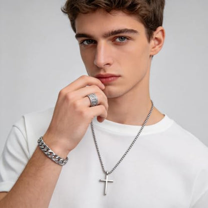 3-Piece Cross Pendant Necklaces Bracelets Rings Jewelry Sets for Men Women,Cuban Chain Bangle,Adjustable Box Link,Religious Charm,Fashion Jewelry Accessories for Party Birthday Gifts - color: Silver