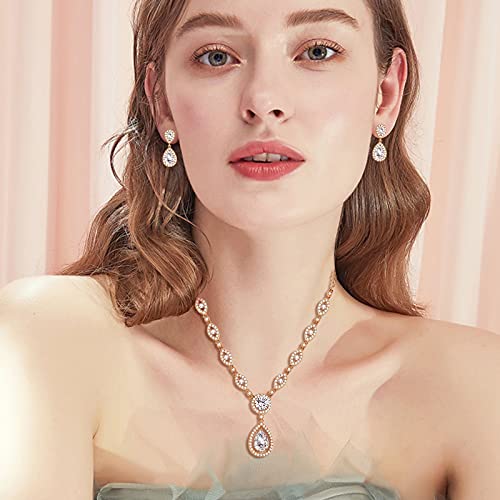 GULICX AAA Cubic Zirconia CZ Silver Plated Base Women's Party Jewelry Set Earrings Pendant Necklace - color: Rose gold Plated
