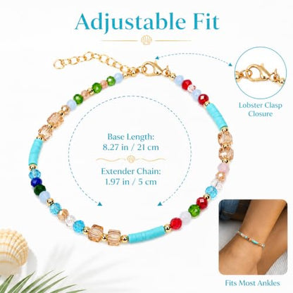 Beaded Beach Anklet Boho Elastic Foot Jewelry Colorful Beads Polymer Clay CharmsBohemian Summer Accessories for Seaside Vacations Festivals Women's Boho Ankle Chain | Colorful beaded anklet with boho beach style, adjustable chain fit and lightweight desig