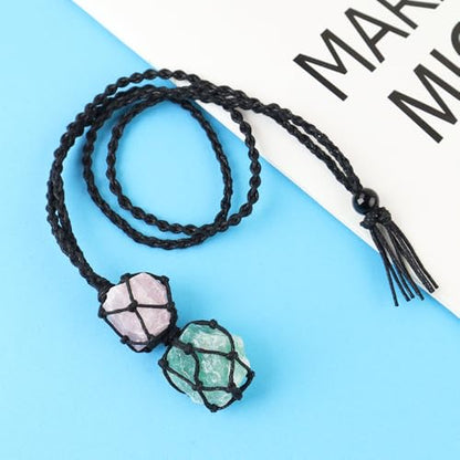 Anjiucc Handmade Crystal Cage Holder with Raw Gemstone Pendant Necklace Natural Stone Healing Crystal Necklace Adjustable Length - color: Green Fluorite+Rose Quartz