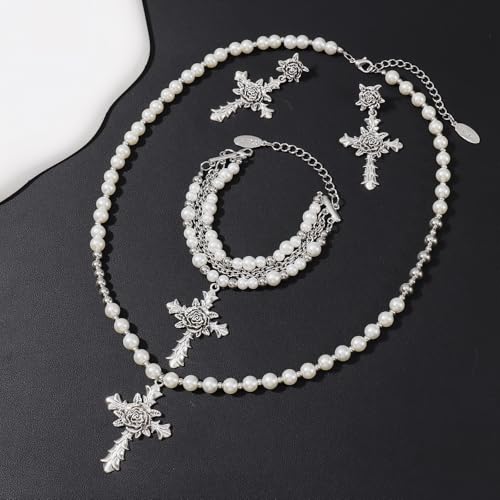 Bocar Gothic Cross Layered Pearl Necklace Chunky Statement Stacked Necklace Y2K Silver Layered Necklace for Women (NK-10769) - color: 799-White Set