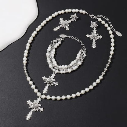 Bocar Gothic Cross Layered Pearl Necklace Chunky Statement Stacked Necklace Y2K Silver Layered Necklace for Women (NK-10769) - color: 799-White Set