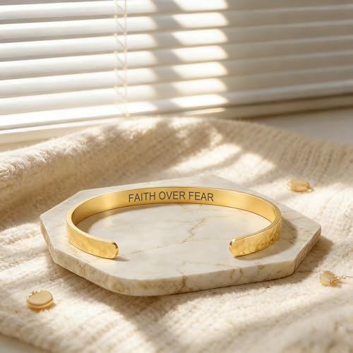 Inspirational Bible Verse Cuff Bracelet for Women, 18K Gold Plated Hammered Bangle, Christian Faith Jewelry Gift, Adjustable Non Tarnish - color: FAITH OVER FEAR-Hammered Gold