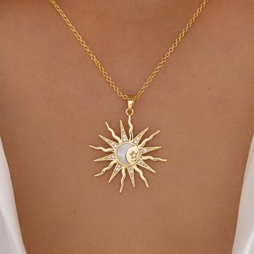 Gold Sun Pendant Necklace with Rhinestone Accent, Elegant and Fashionable, Perfect for Daily Wear & Special Occasions - color: Gold/Cable Chain