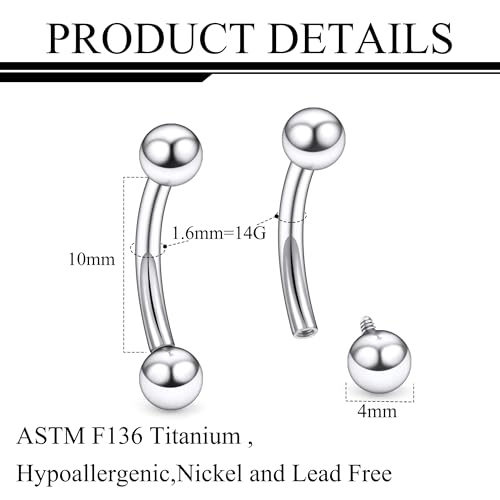 Ruifan 20g 18g 16g 14g 12g 8g 6g 4g 2g Rook Piercing Jewelry Titanium Internally Threaded Curved Barbell Eyebrow PA Tragus Helix Conch Lobe Earrings Lip Rings Body Piercing Jewelry For Women Men - size: 14G - 10mm Ball