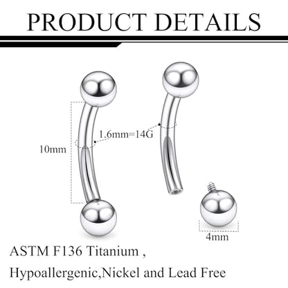 Ruifan 20g 18g 16g 14g 12g 8g 6g 4g 2g Rook Piercing Jewelry Titanium Internally Threaded Curved Barbell Eyebrow PA Tragus Helix Conch Lobe Earrings Lip Rings Body Piercing Jewelry For Women Men - size: 14G - 10mm Ball