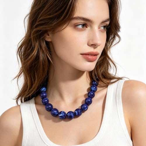 Chunky Beaded Necklace for Women Trendy Boho Collar Statement Necklace Large Round Resin Beads Choker Necklaces Summer Beach Jewelry Gifts - color: Dark Blue