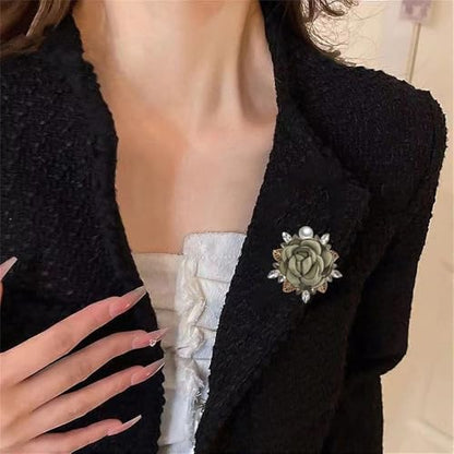 Elegant Rose Flower Brooch Pin for Women Men Wedding Party Gentleman's Essentials Handmade Imitation Crystal Pearl Fabric Flower Lapel Pin Dress Suit Accessories Boutonniere Ideas Gift - color: Green