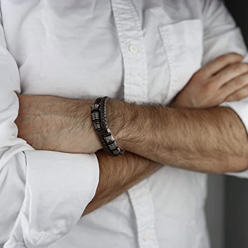 COOLSTEELANDBEYOND Mens Double-Row Braided Leather Bracelet Bangle Wristband with Black Stainless Steel Ornaments - color: A-Black