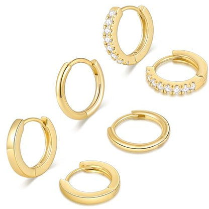 micuco 3 Pairs Small Gold Hoop Huggie Earrings Set for Women Men Tendy | 14K Gold Plated Small Huggie Hoop Earrings for Men, Tiny Cartilage Hypoallergenic Earring Set - style: Q# 3 Pairs Gold 10-10-10mm