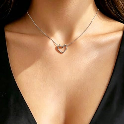 Stainless Steel Snake Chain Heart Necklace for Women, Open Heart Pendant Necklace, Dainty Hypoallergenic Non Tarnish Jewelry, Gold Silver Tone Gift Jewelry - color: Silver