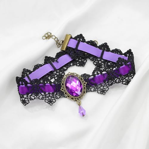 AILUOR Punk Rock Wedding Party Handmade Black Lace Choker, Gothic Retro Lolita Beads Chain Vampire Pendant Necklace for Women Halloween - color: Purple
