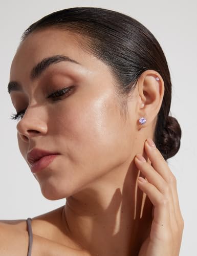 6 Pairs Hypoallergenic Cubic Zirconia Earrings Surgical Steel Flat Back Studs for Cartilage, Screw Back Fashion Jewelry - color: A-005-Light Purple