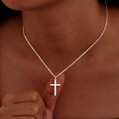 Poxtex Cross Necklace for Women Teen Girls, Dainty 14K Gold Silver Plated Cross Choker Jewelry Non Tarnish Waterproof Cute Simple Small Necklace Christian Baptism Religious Faith Jewelry Gifts - color: 04 Simple Cross Silver