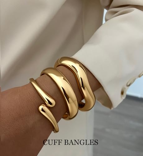 Chunky Gold Bangle Bracelets for Women, 14k Gold Plated Dainty Cuff Stackable Bangles Set, Trendy Bracelet Stack Fashion Jewelry Gifts - color: 03-GOLD