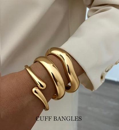 Chunky Gold Bangle Bracelets for Women, 14k Gold Plated Dainty Cuff Stackable Bangles Set, Trendy Bracelet Stack Fashion Jewelry Gifts - color: 03-GOLD