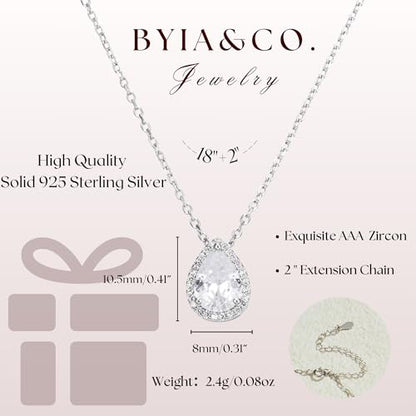 S925 Sterling Silver 14K Gold Necklace for Women Teardrop Cubic Zirconia Dainty Necklace Imitation Diamond Pear Cut CZ Pendant Necklaces for Women 18+2 Inch Jewelry Gift for Her - color: Silver