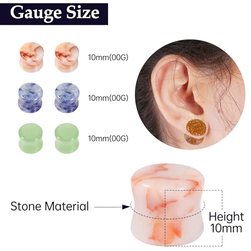 10Pcs Stone Plugs for Ears Gauges Double Flared Stretching Expander Ear Gauge Plugs Colorful Heart Ear Piercing Jewelry for Women Men