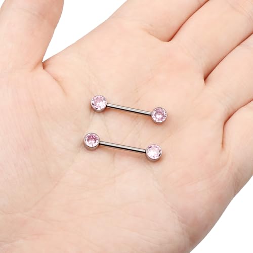 14G ASTM F136 Titanium Nipple Piercing Jewelry Round CZ Nipple Barbell Jewelry Internally Threaded G23 Solid Titanium Nipple Piercing Barbell Ring Jewelry for Women Men 14 Gauge - style: Pink CZ