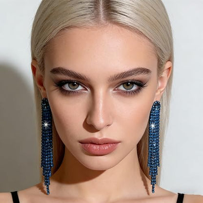 Rhinestone Earrings Dangling for Women Sparkly Silver Dangle Earrings Girls Long Chandelier Earrings Tassel Lightweight Ear Studs Cubic Zirconia (KE001S-W) - color: Dangle KE021BZ