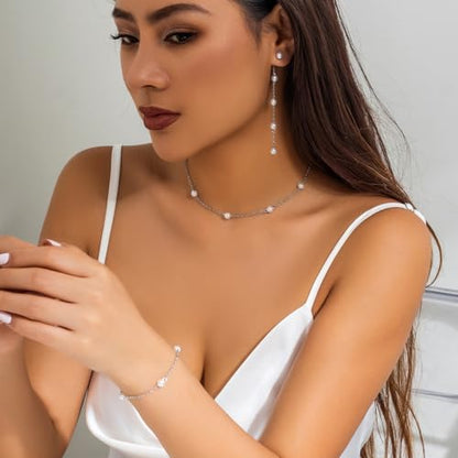 CSIYANJRY99 Pearl Necklace and Earring Set Faux Pearl Jewelry Sets for Women Imitation Beaded Pearl Necklace Bracelet Stud Earrings for Women - color: Silver Pearl Set