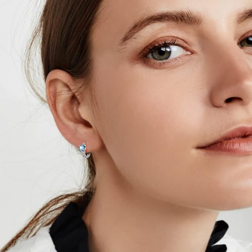 Bestyle 925 Sterling Silver Huggie Hoop Earrings Small Birthstone Hoop Earrings for Women Hypoallergenic Silver Huggie Earring,Great Birthday Earrings Gift for Daughter Wife Mom - color: 03-Blue Aquamarine-Hoop