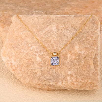 18K Gold-Plated Non Tarnish Birthstone Necklace for Women, 5A Princess Cut Cubic Zirconia Pendant, Birthday Anniversary Valentine's Gift, 18-20 Inches - color: 12-Dec-Light Tanzanite Blue