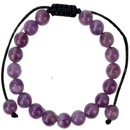 Natural Amethyst Beaded Bracelet, Purple Gemstone, Round Polished Beads, Stretch Style - size: 8MM buckle