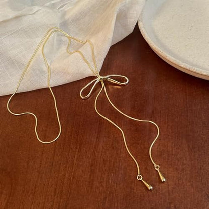 FUTIMELY Dainty Long Gold Necklace for Women,Thin Herringbone Chain Necklace,Long Lariat Necklace Body Jewelry - color: Bow Gold