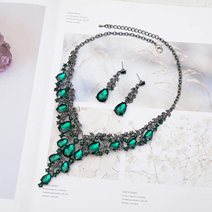 CSY Elegant Crystal Costume Jewelry Sets Flower Bridal Necklace Earrings Stretch Bangle Set for Bride Bridesmaid Wedding Dress Accessories - color: green crystal-black tone