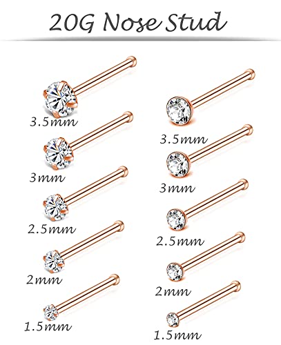 20G 10Pcs Stainless Steel L Screw Bone Shaped Nose Studs Rings Square Round CZ Nose Ring Labret Nose Piercing Jewelry for Men Women Silver Tone 1.5mm-2mm-2.5mm-3mm-3.5mm CZ - style: F:10Pcs,Bone Shaped(Rose Gold Tone)