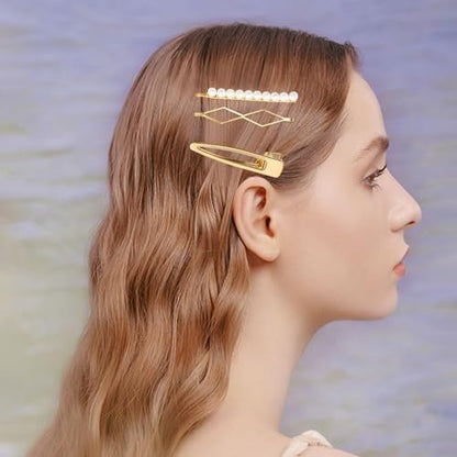 18 PCS Geometric Metal Gold Hair Styling Pins Women Girls Preppy Pearls Hair Clips Bridal Elegant Hair Barrette Set Minimalist Bobby Pins Dainty Hair Accessories - color: Gold