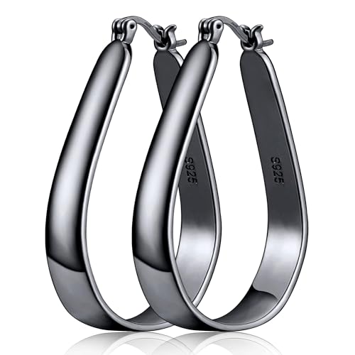 Sterling Silver Hoop Earrings for Women Large Oval Hoop Earrings Lightweight Big Gold Hoops Earrings Hypoallergenic 14K Gold Plated Hoops Earrings Non Tarnish Jewelry Gifts 20/30/40mm - color: Black-20*30mm
