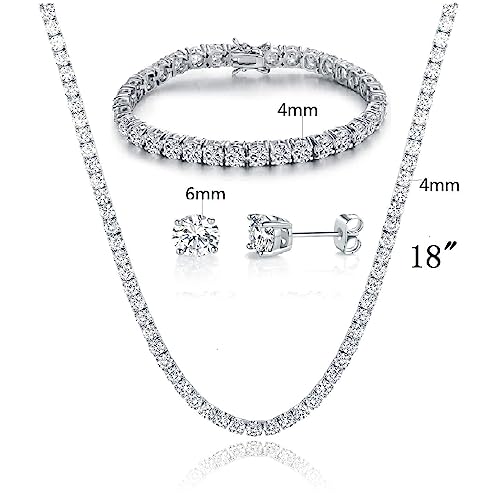 18K White Gold Plated Tennis Necklace/Bracelet/Earrings Sets Pack of 3 - style: 4.0mm with 7In bracelet&18In necklace