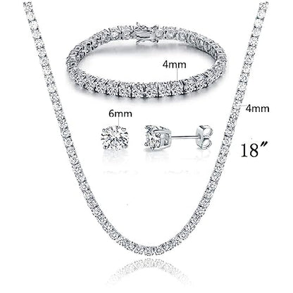 18K White Gold Plated Tennis Necklace/Bracelet/Earrings Sets Pack of 3 - style: 4.0mm with 7In bracelet&18In necklace